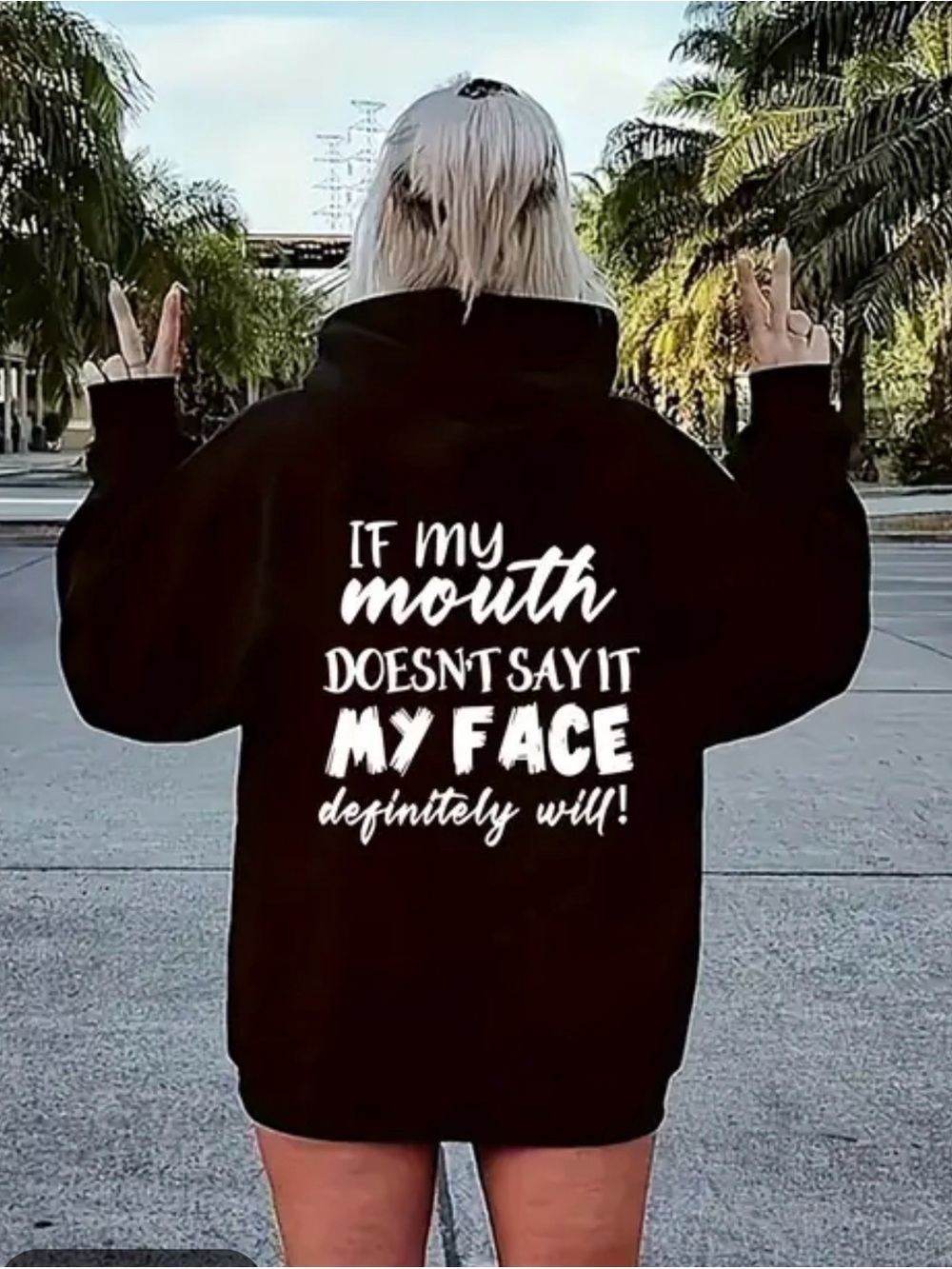 Black Graphic Hoodie Dress with Bold White Slogan